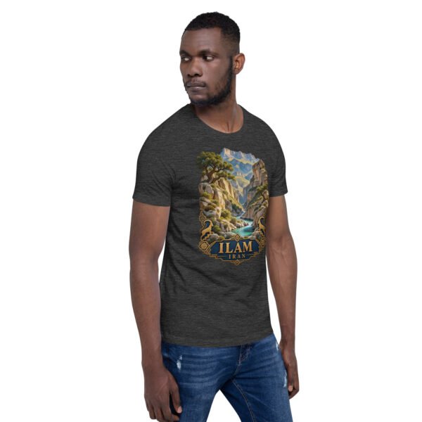 Dark Grey Heather Ilam unisex t-shirt, front view with Razianeh Gorge in the Zagros Mountains design