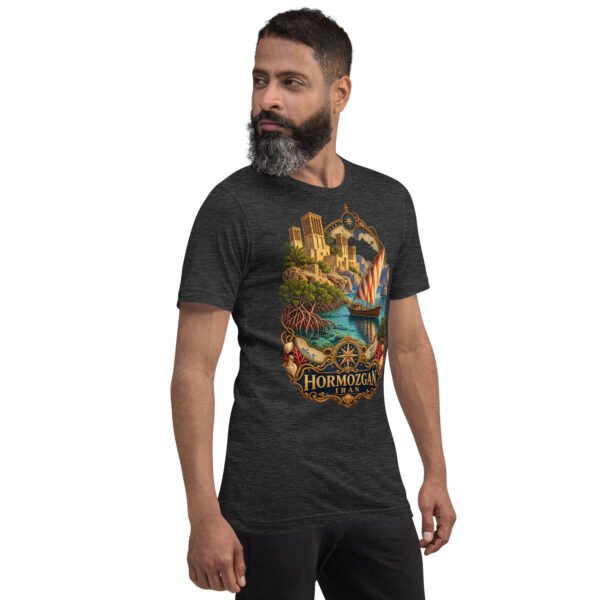 Dark Grey Heather Hormozgan unisex t-shirt, front view with Portuguese Castle of Hormuz and the Persian Gulf design