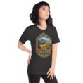 Dark Grey Heather Golestan unisex t-shirt, front view with Sasanian Great Wall of Gorgan design
