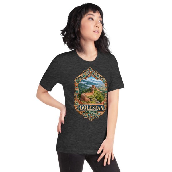 Dark Grey Heather Golestan unisex t-shirt, front view with Sasanian Great Wall of Gorgan design
