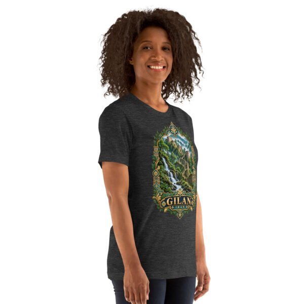 Dark Grey Heather Gilan unisex t-shirt, front view with Rudkhan Castle in the Hyrcanian forest design