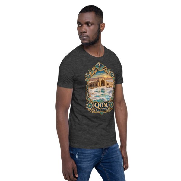 Dark Grey Heather Qom unisex t-shirt, front view with Deir-e Gachin caravanserai in the desert design