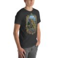 Dark Grey Heather Qazvin unisex t-shirt, front view with Alamut Castle on its rocky Alborz cliff design