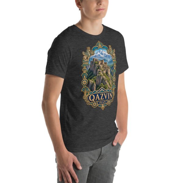 Dark Grey Heather Qazvin unisex t-shirt, front view with Alamut Castle on its rocky Alborz cliff design