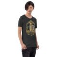 Dark Grey Heather Fars unisex t-shirt, front view with Persepolis and Achaemenid columns design