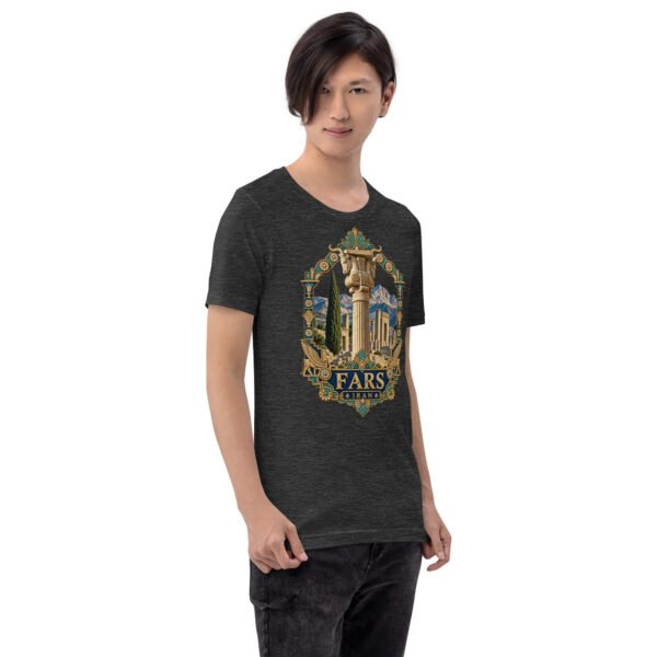Dark Grey Heather Fars unisex t-shirt, front view with Persepolis and Achaemenid columns design