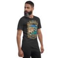 Dark Grey Heather Bushehr unisex t-shirt, front view with ancient port of Siraf and the Persian Gulf design