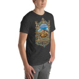 Dark Grey Heather West Azerbaijan unisex t-shirt, front view with Lake Urmia and the ancient Hasanlu mound design