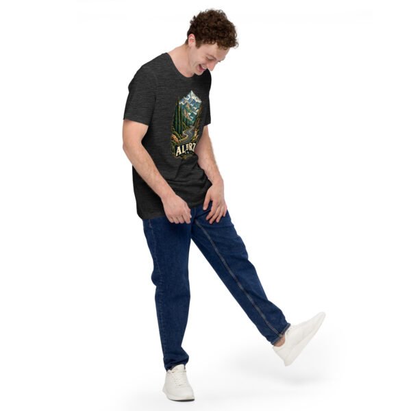 Dark Grey Heather Alborz unisex t-shirt, front view with Chalus Road winding through the Alborz Mountains design