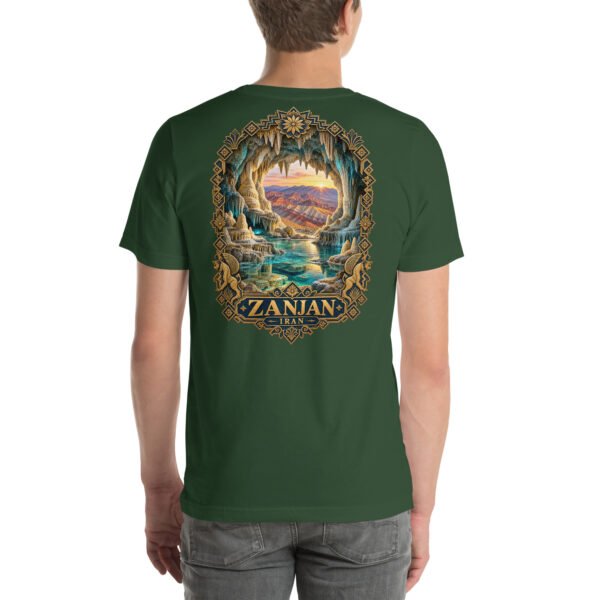 Forest Zanjan unisex t-shirt, back view with Katale Khor cave and the colorful mountains of Mahneshan design