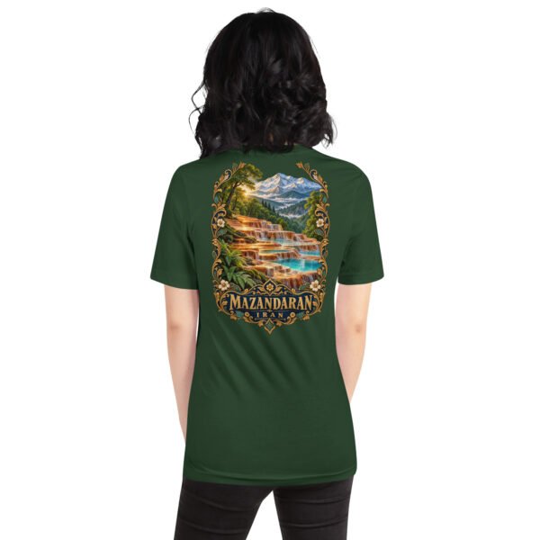 Forest Mazandaran unisex t-shirt, back view with Veresk Bridge and the slopes of the Alborz design