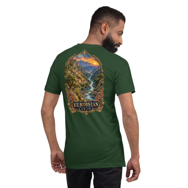 unisex-staple-t-shirt-forest-back-6acbcf7f1e12c.jpg Forest Kurdistan unisex t-shirt, back view with Hawraman stepped village and the Sirwan River design