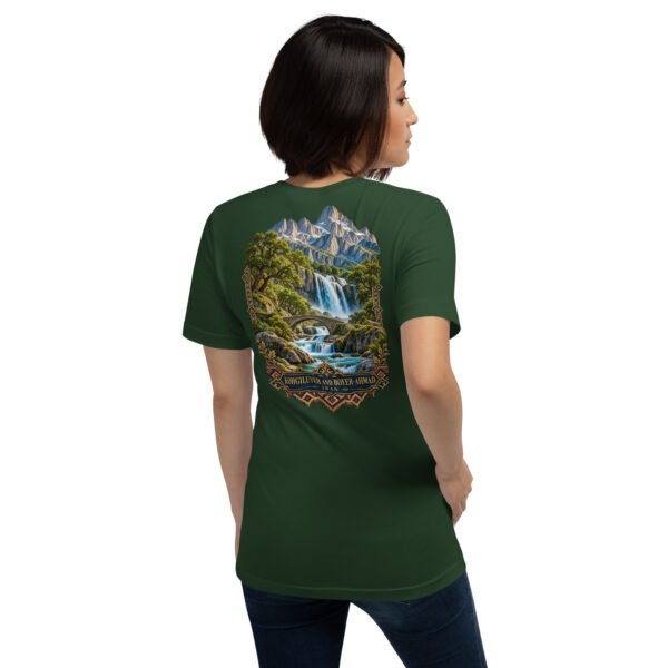 unisex-staple-t-shirt-forest-back-6acbd0493239a.jpg Forest Kohgiluyeh and Boyer-Ahmad unisex t-shirt, back view with Yasuj waterfall and Zagros oak forests design