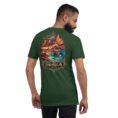 Forest Hormozgan unisex t-shirt, back view with Laft windcatchers, colorful Hormuz soil and the Persian Gulf design