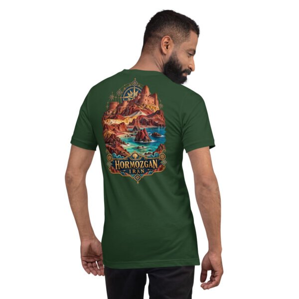 Forest Hormozgan unisex t-shirt, back view with Laft windcatchers, colorful Hormuz soil and the Persian Gulf design