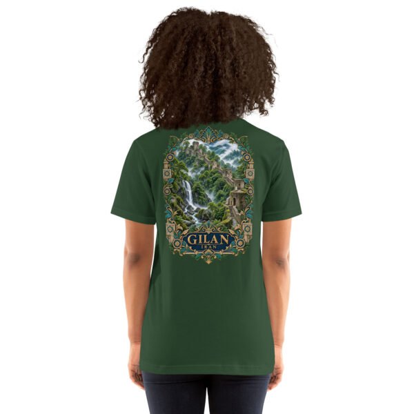 Forest Gilan unisex t-shirt, back view with Rudkhan Castle, misty forest and waterfalls design