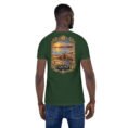 Forest Qom unisex t-shirt, back view with Deir-e Gachin caravanserai, desert and salt lake design