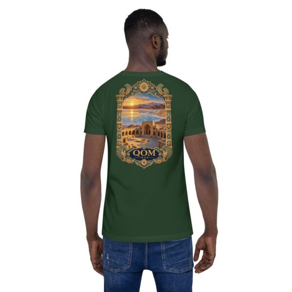 Forest Qom unisex t-shirt, back view with Deir-e Gachin caravanserai, desert and salt lake design