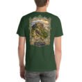 Forest Qazvin unisex t-shirt, back view with Alamut Castle, Alborz cliffs and ancient rock motifs design