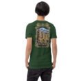 Forest Ardabil unisex t-shirt, back view with Shahr-e Yeri stone figure in front of Mount Sabalan design