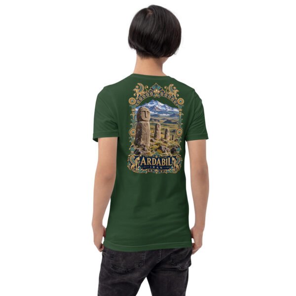 Forest Ardabil unisex t-shirt, back view with Shahr-e Yeri stone figure in front of Mount Sabalan design
