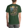 Forest East Azerbaijan unisex t-shirt, back view with Babak Castle on its mountain peak at sunrise design