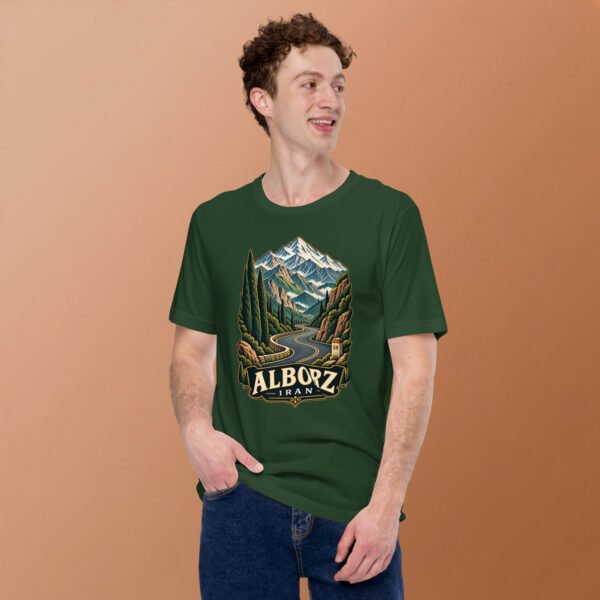 Forest Alborz unisex t-shirt, front view with Chalus Road winding through the Alborz Mountains design
