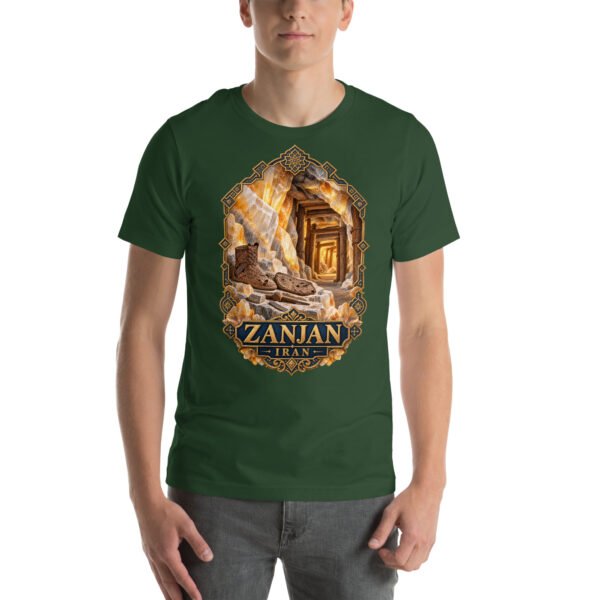 Forest Zanjan unisex t-shirt, front view with Chehrabad salt mine and salt crystals design