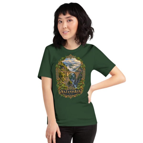 Forest Mazandaran unisex t-shirt, front view with terraced springs of Badab-e Surt in the Hyrcanian forest design