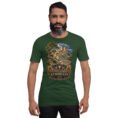 Forest Kurdistan unisex t-shirt, front view with Ziwiye fortress and golden Mannaean motifs design