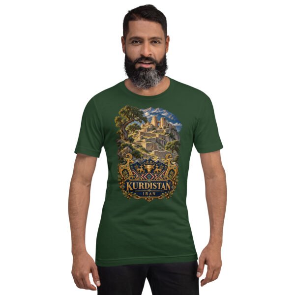 unisex-staple-t-shirt-forest-front-6acbcf7f1d436.jpg Forest Kurdistan unisex t-shirt, front view with Ziwiye fortress and golden Mannaean motifs design