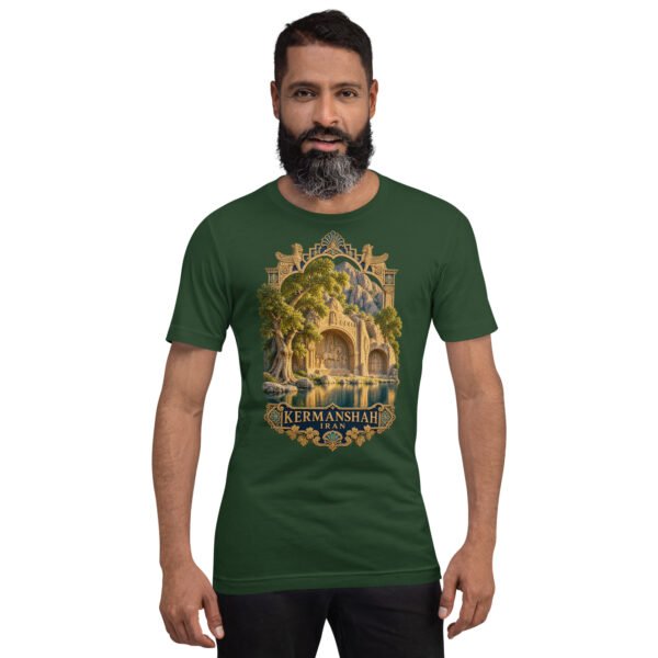 Forest Kermanshah unisex t-shirt, front view with Taq-e Bostan Sasanian rock reliefs design