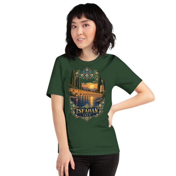 Forest Isfahan unisex t-shirt, front view with Naqsh-e Jahan Square and Ali Qapu Palace design