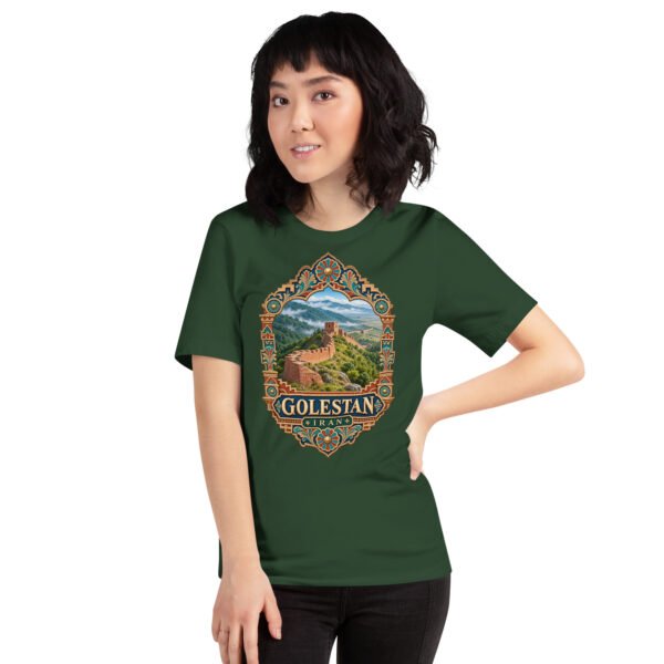 Forest Golestan unisex t-shirt, front view with Sasanian Great Wall of Gorgan design
