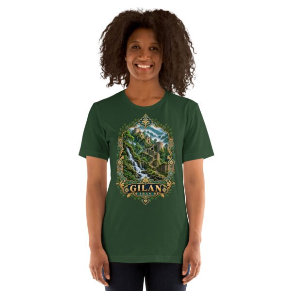 Forest Gilan unisex t-shirt, front view with Rudkhan Castle in the Hyrcanian forest design