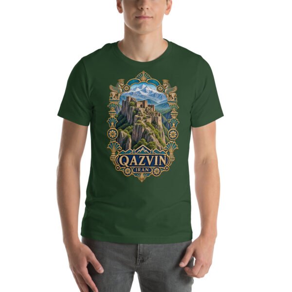 Forest Qazvin unisex t-shirt, front view with Alamut Castle on its rocky Alborz cliff design
