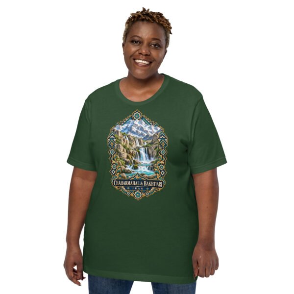 Forest Chaharmahal and Bakhtiari unisex t-shirt, front view with Zard-Kuh and the Koohrang waterfall design