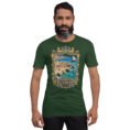 Forest Bushehr unisex t-shirt, front view with ancient port of Siraf and the Persian Gulf design