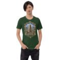 Forest Ardabil unisex t-shirt, front view with ancient Shahr-e Yeri stone figures and Mount Sabalan design