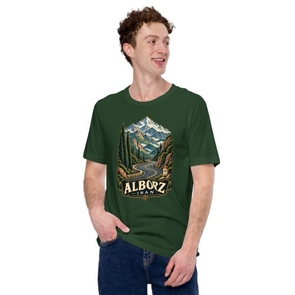 Forest Alborz unisex t-shirt, front view with Chalus Road winding through the Alborz Mountains design