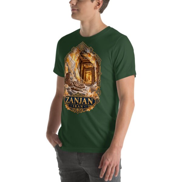 Forest Zanjan unisex t-shirt, front view with Chehrabad salt mine and salt crystals design