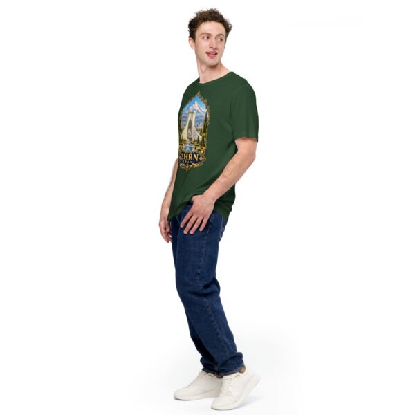 Forest Tehran unisex t-shirt, front view with Azadi Tower and Mount Damavand design