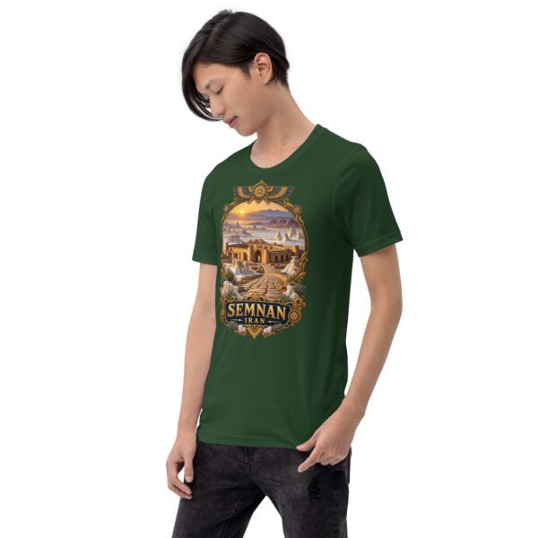 Forest Semnan unisex t-shirt, front view with Qasr-e Bahram caravanserai in the Dasht-e Kavir design