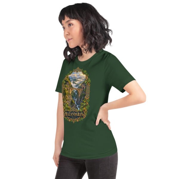 Forest Mazandaran unisex t-shirt, front view with terraced springs of Badab-e Surt in the Hyrcanian forest design