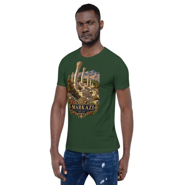 Forest Markazi unisex t-shirt, front view with ancient columns of Khorheh design