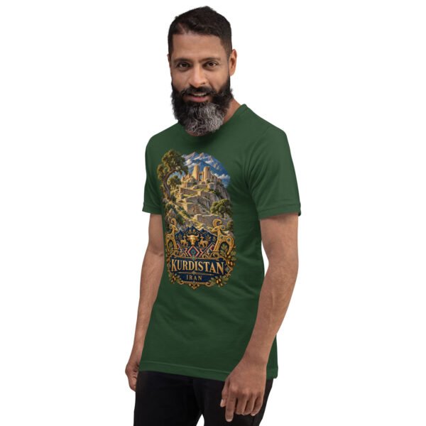unisex-staple-t-shirt-forest-left-front-6acbcf7f1ee6c.jpg Forest Kurdistan unisex t-shirt, front view with Ziwiye fortress and golden Mannaean motifs design