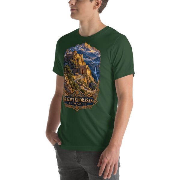Forest Khorasan Razavi unisex t-shirt, front view with Tomb of Ferdowsi in ancient Tus design