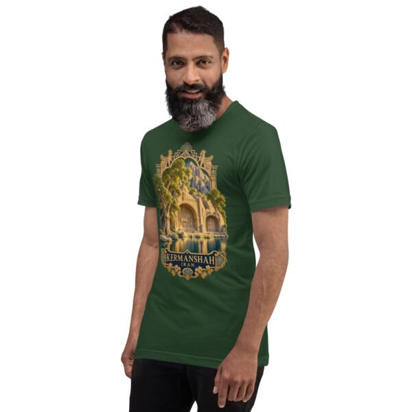 Forest Kermanshah unisex t-shirt, front view with Taq-e Bostan Sasanian rock reliefs design