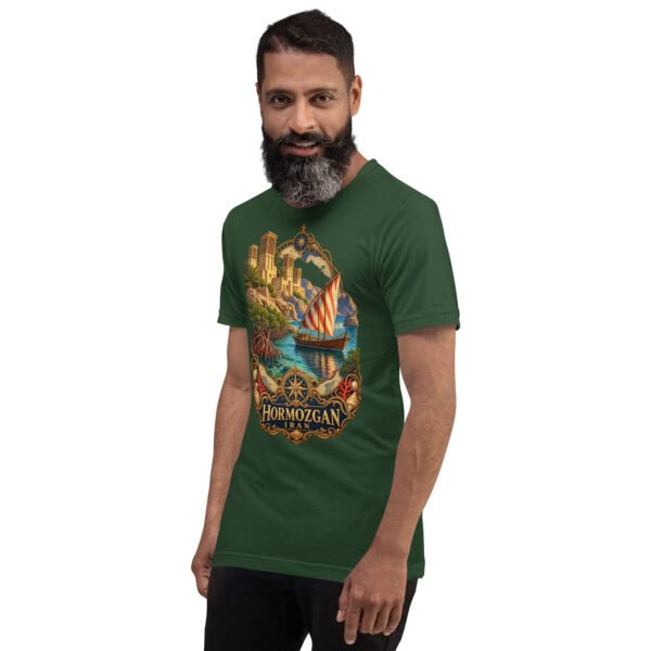Forest Hormozgan unisex t-shirt, front view with Portuguese Castle of Hormuz and the Persian Gulf design