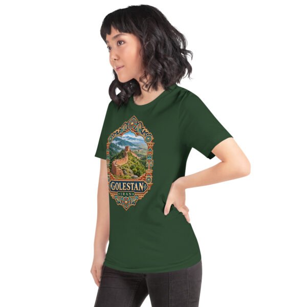 Forest Golestan unisex t-shirt, front view with Sasanian Great Wall of Gorgan design
